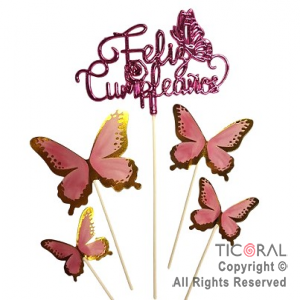 CAKE TOPPER FELIZ CUMPLEA�OS FUCSIA CON MARIPOSAS CON STAMPING ROSA X 1